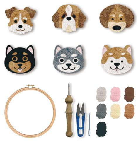 FREEBLOSS 6 Sets Punch Needle Kit Dogs Punch Needle Coaster Punch Embroidery Kit Punch Needle Embroidery Rug Punch Needle Kit for Beginners