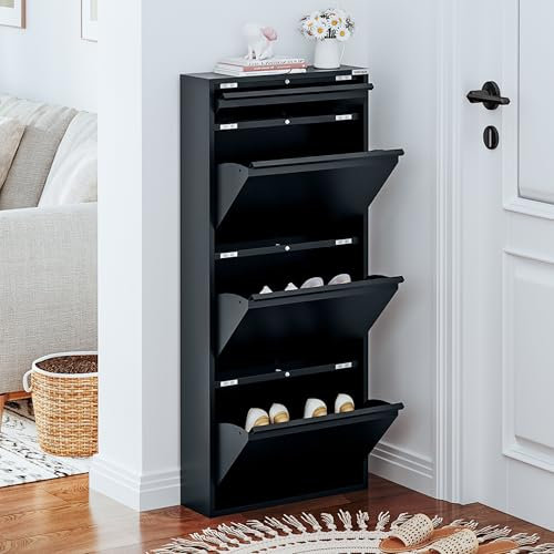 VEEHAUS Schuhregal Schmal Metall Schuhschrank Hoch Schuhkipper mit Magnetische Abdeckung Metall Montiert Schuhschrank Schmal und Wandmontage (Anthrazit, 3+1 Klappen)