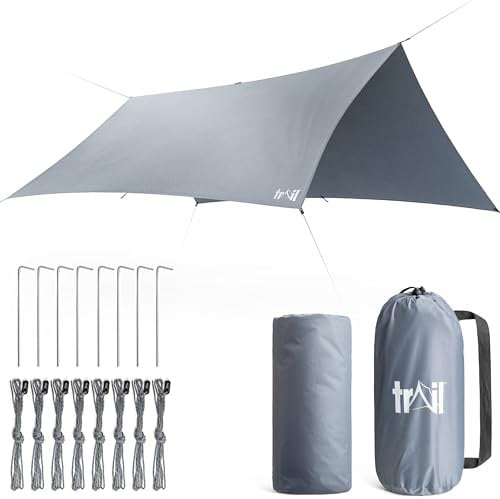 Trail Camping Tarp Shelter 3m x 3m, Lightweight Waterproof 4000mm HH, UPF50+ UV Protection, Portable Heavy Duty Outdoor Camp Rain Fly Tarpaulin, Sun Hammock Canopy with Pegs, Guy-Lines, Bag (No Poles)