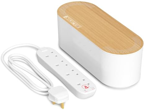 D-Line Cable Tidy Box with 4 socket 2m Extension Lead 13amp Surge Protected, Cable Management Solution, TV Wire Tidy, Desk Cable Organiser - Small, Wood-Lid