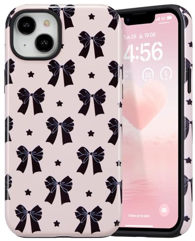DEFBSC for iPhone 15 Case Cute Hybrid, Star/Glossy | Ribbon Bowknot Print,Aesthetic Trendy Pattern for Women Girls,Slim Durable Bumper Shockproof Hard Back Phone Cover