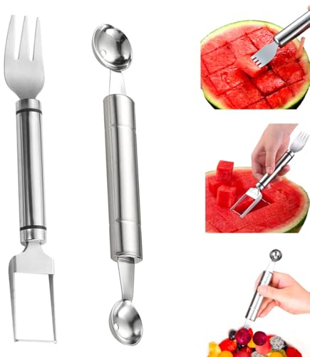 GGUFAY Tenedor Cortador de Sandía,Inoxidable 2 en 1 y Tenedor para Cortar Frutas,Herramienta de Excavación de Bolas,Cortador de Tenedor de Sandía de Acero, Herramienta de Corte de Cubo de Melón, 2Pcs
