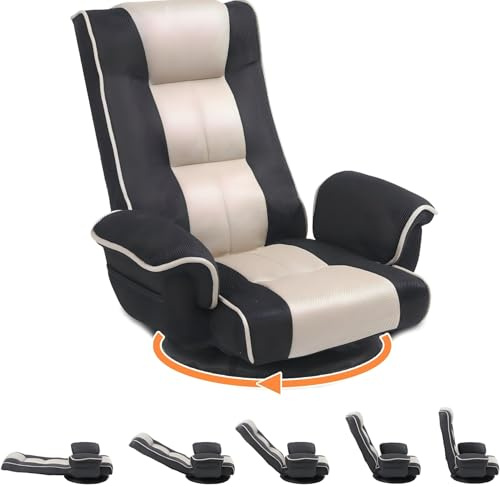 DeeLyan Swivel Floor Chair for Adults, 14-Position Adjustable Floor Gaming Chair with Back Support & Armrests, Foldable Lazy Sofa Lounge, Breathable Mesh for Gaming Reading Meditation (Grey/Beige)
