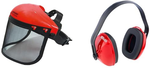 Kombo Kit Protezione, Cuffie Antirumore 27dB con Visiera in Rete di Metallo, per Decespugliatore, Rosso e Nero