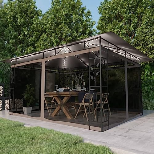 Pavillon mit Moskitonetz & LED-Lichterkette 4x3x2,73m Taupe