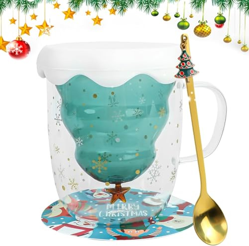 ROTKUSZ Taza de árbol de Navidad, Tazas de Navidad con Tapa, Taza de Café Doble pared Copa de Vidrio árbol de Navidad, Tazas de Vidrio Aislante con Mango Latté
