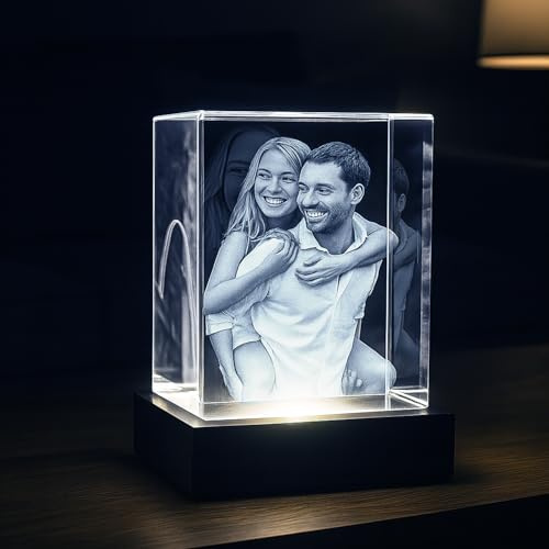 contento 3D Glasbild mit Beleuchtung | Dein Foto in Glas graviert | geeignet für 2 Personen/Tiere | 3D Glasfoto als Geschenk zum Geburtstag, Weihnachten, Hochzeit, inkl. Leuchtsockel | Größe XS hoch