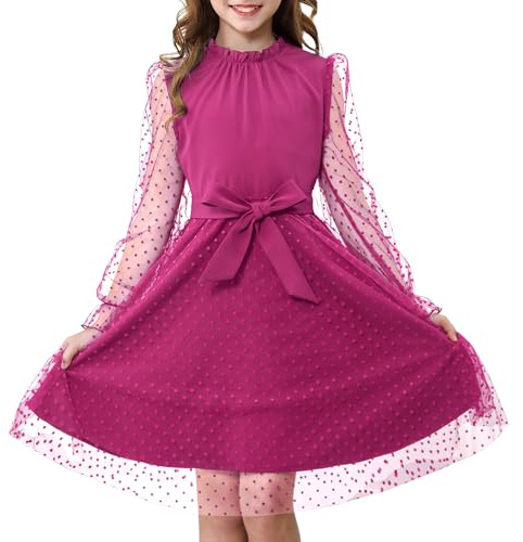 Rolanko Robe Longue à Manches Bouffantes pour Filles, Taille Haute avec Ceinture Ligne A Col Volant Contrasté Mesh Robes Princesse de Fête en Tulle, Rouge Rose, 7-8 Ans, 130