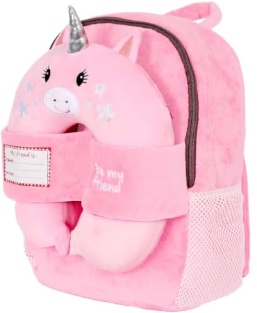 PERLETTI Kinder Rucksack mit Reisekissen aus Memory Foam - Kinderrucksack Flauschig Weich mit Abnehmbaren Kissen Reisen Flugzeug Auto - Kindertasche Mädchen Jungen 3 4 5 6 Jahre 31x24x11 cm (Einhorn)