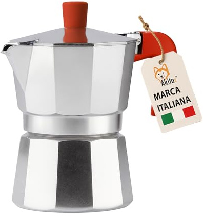AKITAInk Moka in Alluminio Rosso – Caffettiera Espresso Antigoccia con Guarnizione in Silicone e Manico Ergonomico, Design Elegante, Caffè dal Gusto Autentico Ogni Giorno (Rosso, 3 Tazze)