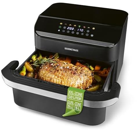 GOURMETmaxx Friggitrice ad aria calda, 10 l, 2 x 5 l, camera Airfryer Vario, friggitrice con 8 programmi e touch screen, friggitrice ad aria calda, 2 camere, preparare 2 cibi contemporaneamente, per 8