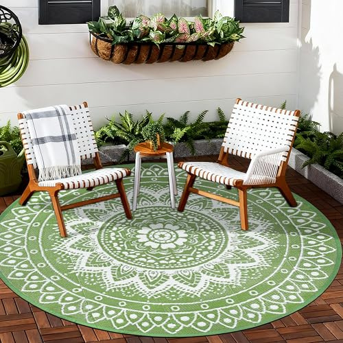 VSIWB Outdoor Teppich Rund Wetterfest Wendbarer Außenteppich Kunststoff Bodenmatte Terrassenteppich Picknickdecke UV-beständige Teppich für RV Camping BBQ Patio Deck Balkon Strand, 180cm Grün/Weiß