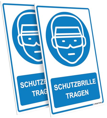 PRINTIMA 2x Schild „SCHUTZBRILLE TRAGEN“ 21x32 cm – PVC Warnschild wetterfest & UV-beständig, inkl. Dübel, Sicherheitskennzeichnung für Arbeitsschutz, Werkstatt, Betrieb