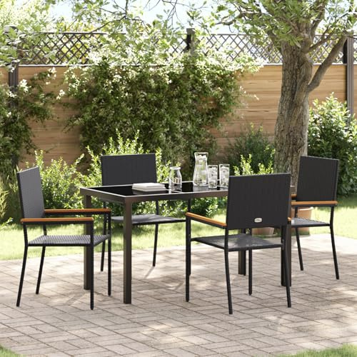 IBUQDDV 5-teiliges Garten Essset Schwarz Poly Rattan Outdoor Tischgruppe mit 4 Stühlen für Terrasse Balkon Garten
