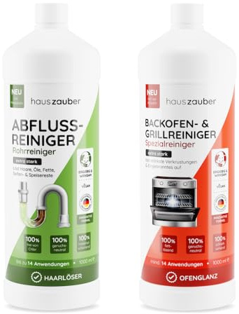 hauszauber - Backofenreiniger & Abflussreiniger Set [EXTRA STARK] - 2×1000 ml - für Backofen, Grill, Bleche, Spüle, Dusche, Waschbecken - ohne Chlor, geruchsneutral
