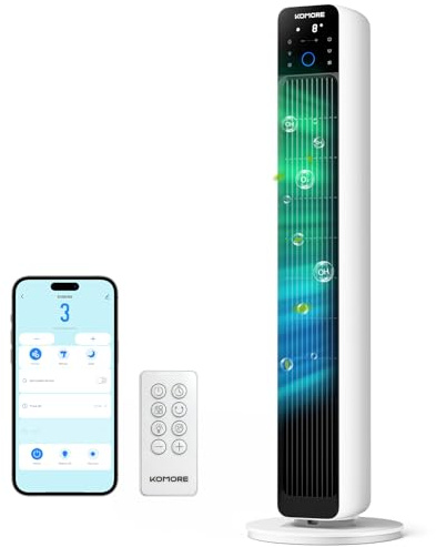 KOMORE Tower Fan, with Plasma Sterilisation, 8m/s Velocity Cooling Fans for Bedroom, 12m Coverage, DC Motor Silent Fan, 12 Speeds12H Timer, 90°Oscillation, Standing Fan with Remote/APP for Home Office