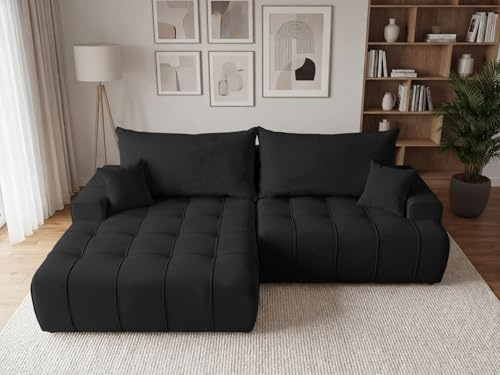 GRAINGOLD Tulio Ecksofa mit Schlaffunktion und Bettfunktion, 270x165 cm, L-Form Sofa, Schlafcouch für Wohnzimmer, Veloursstoff, 3-Sitzer Eckcouch, Ecksofa mit Stauraum (Schwarz, Links)
