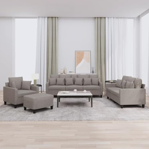 4-tlg. Sofagarnitur mit Kissen Taupe Stoff, Wohnzimmer Garnitur Set inkl. Sessel, 2-Sitzer, 3-Sitzer und Hocker, bequeme Polstergarnitur aus strapazierfähigem Stoff für Entspannen und Fernsehen