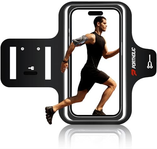 PORTHOLIC Brassard de Course avec Bandes Réfléchissantes, Étui Sportif Anti-Eau pour iPhone 16/15 Pro Max/11/XS, Galaxy S25/S24 Ultra + Porte-Cartes, Porte-Écouteurs et Sangle Extensible
