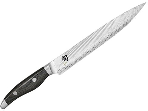 KAI Shun Nagare Schinkenmesser 23 cm Klingenlänge - 72 Lagen Damaszenerstahl VG 2 & VG 10 Dual-Core-Klinge - Pakkaholz grauschwarz - Handgefertigt in Japan - Fleischmesser geschmiedet