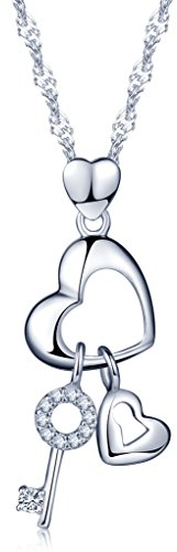 Infinite U Unique Lock Key Hollow Hearts 925 Sterling Silver Cubic Zirconia Pendant Necklace for Women/Girls, Silver