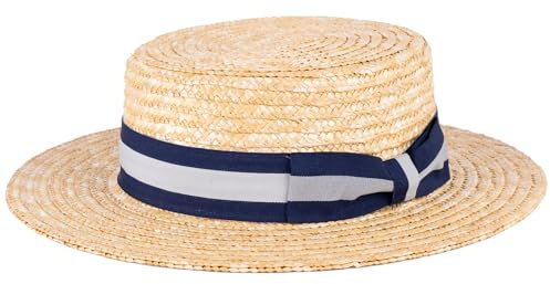 ZAKIRA Classic Straw Boater Hat Handmade from Natural Straw (Navy-Grey-Navy Band, XL)