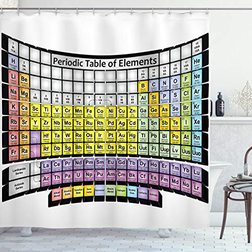 ABAKUHAUS Chemie Duschvorhang, Periodic Table Schule, Stoffliches Gewebe Badezimmerdekorationsset mit Haken, 175 x 240 cm, Gelb Mehrfarbig