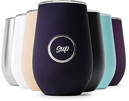 Sup Insulated Wine Tumbler Stainless Steel Double Wall Vacuum Stemless Wine Glass Cup with Lid 350ml 6 Hours Cold Soft Navy