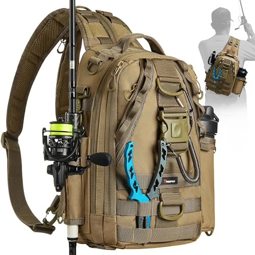 Piscifun Angelausrüstungs-Rucksack mit Ruten- und Ausrüstungshalter, leicht, wasserabweisend, Angel-Schulter-Aufbewahrungstasche