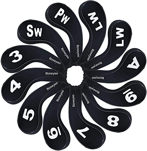 Rymatoo 12pcs Golf Iron Cover Set, 12pcs Golf Iron Cover Set, Golf Iron Head Cover Club Heads Protector Headcovers Long Neck with Zip for Titleist, Callaway, Ping, Taylormade, Cobra (black)
