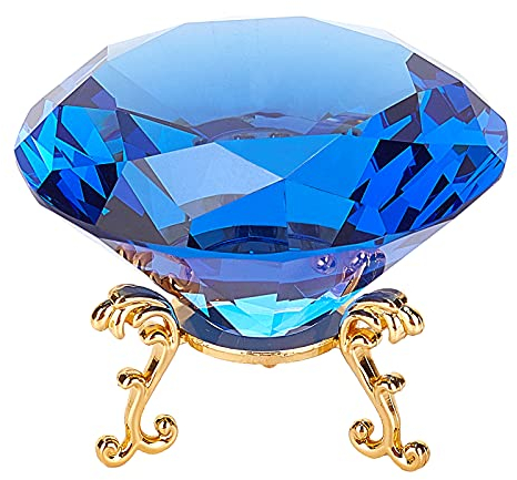 AHANDMAKER Briefbeschwerer mit Kristalldiamanten, groß, blauer Kristalldiamant mit Silber-Eisen-Ständer, Schmucksteine, Hochzeitsdekoration, Tafelaufsatz, Heimdekoration, 8 cm