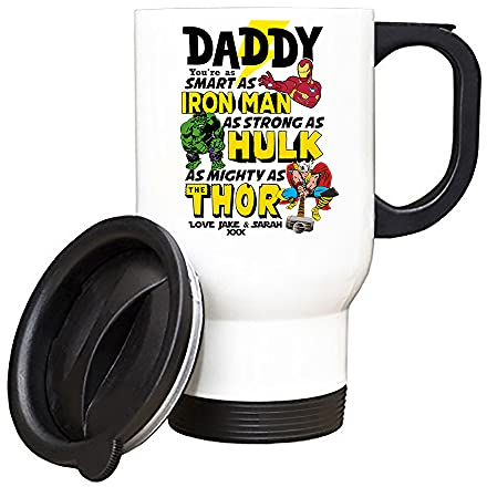 Personalised You’re My Favourite Hero Daddy Gift from Son/Daughter Any Name Fathers Day, Birthday, Godfather, Silver/White Insulated Travel Tea/Coffee Mug. (White)