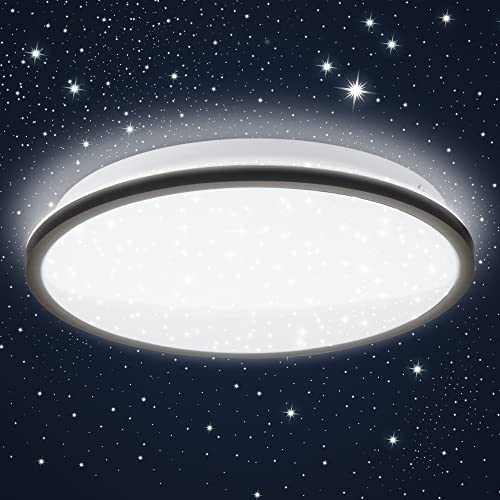 B.K.Licht - LED Deckenlampe mit Sternenhimmel, indirektes Licht, neutralweiße Lichtfarbe, LED Deckenleuchte, LED Lampe, Wohnzimmerlampe, Schlafzimmerlampe, Küchenlampe, 28x4,2 cm, Schwarz