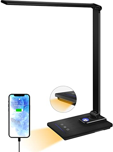 Desk Lamp, Eye-caring Table Lamp with USB Charging Port, Dimmable Bedside Lamp With Night Light , 5 Light Modes x 10 Brightness Levels, Touch Control, for Home, Office ,Bedroom, Reading, Work, Study