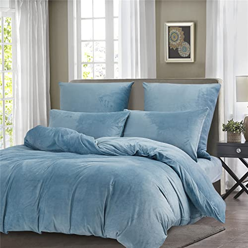 Boqingzhu Winter Bettwäsche 200×220cm Plüsch Blau Hellblau Biber Flanell Warm Kuschelig Flauschig Bettwäsche Teddy Fleece Samt Cashmere Touch Bettbezug 200×220cm mit Reißverschluss