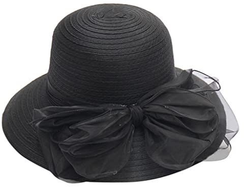 Generic Damen Sonnenhut Mesh Blumen Hut Sommer Faltbarer Elegante Anti-Uv Sonnenhüte Breite Krempe Strandhut Damenhut für Hochzeit Tea Kirche Party, Schwarz, Einheitsgröße