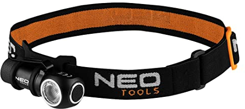 NEO TOOLS Wiederaufladbare Stirnlampe Leistung 6W, max. 600 Lm, Reichweite 90m, LED Cree XPG3, IPX4, 700mAh 3.7 Li-Ion, USB magnetische Aufladung, 4 Lichtfunktionen 100%, 40%, 10%, Strobe, Größe EDC
