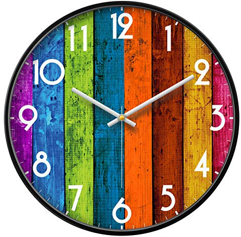 SCOAGE 14 Silent Analog Wall Clock, Colorful Wood Grain, Modern Decor | Battery Operated, Modern, Metal Frame & HD Tempered Glass, Decorative for Home & Office, Bedroom, Kitchen, Living Room