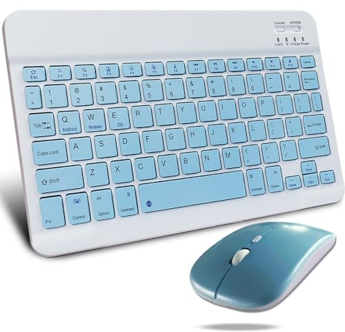 KeautFair Portatif sans Fil Bluetooth Ensemble Clavier et Souris QWERTY US Layout Rechargeable Tranquille 1200 DPI Réglable Voyager Windows/iOS/Android PC/Ordinateur Portable/iPad/Smartphone(Bleu)