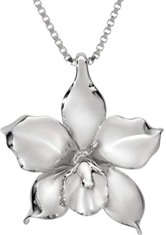 925 Sterling Silver Orchid Flower Necklace Pendant with 18' Box Chain, Nickle Free Hypoallergenic for Sensitive Skin, Island Tropical Jewelry with Gift Box