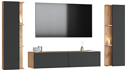 Planetmöbel TV Wohnwand Wohnzimmer 140 cm Gold Eiche/Anthrazit, mit 2X 40cm Seitenschränken Gold Eiche/Anthrazit