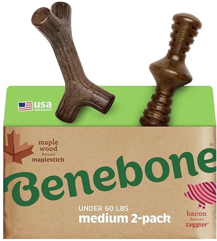 Benebone Confezione da 2 bastoncini di acero indistruttibili per masticatori aggressivi, rompi la noia per cani, vero sapore di pancetta e legno d'acero, per cani di taglia media, prodotto negli Stati