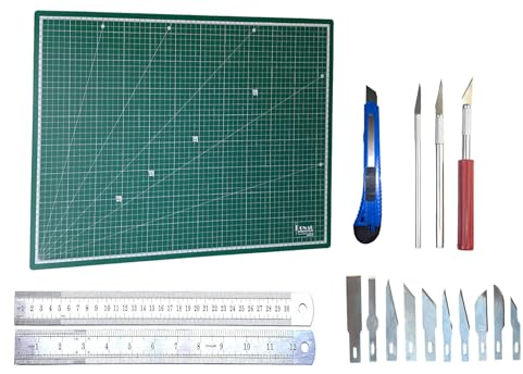 Geryloop Schneidematte-Set A2 mit 13tlg. Bastelmesser, Cuttermesser und Stahllineal 300 mm, Bastelunterlage, Schneideunterlage-basteln-Set, Bastelmatte-Set-Tischunterlage, Bastelunterlage-groß
