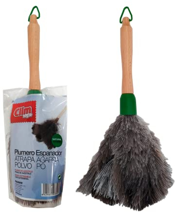 Clim Profesional - Plumero de Avestruz Pequeño Atrapa Polvo con Mango de Madera y 100% Plumas Naturales, Limpia y Atrapa el Polvo en Muebles, Oficinas, Coches, Estanterías, 30 CM