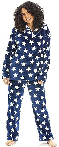 Camille Pigiama da Donna Super Morbido, 2 Pezzi, in Pile Spesso, con Stampa a Stelle Bianche, a Lunghezza Intera, Maniche Lunghe e Vita Elasticizzata per Il Massimo Comfort e Calore, Marina Militare,
