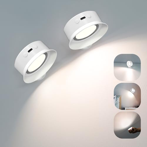 Kimimara 2 Stück LED Wandlampe Akku Innen Wandleuchte 5 Helligkeitsstufen 360°drehbare Für Wohnzimmer Schlafzimmer Treppenhausflur Kabellose Wandleuchten