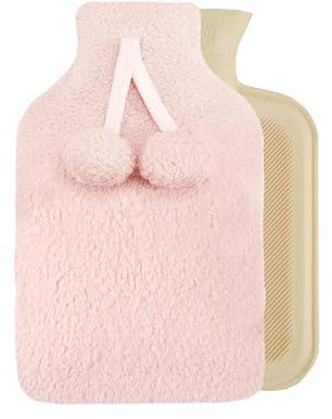 Sleepdown Teddy Fleece Hot Water Bottle and Pom Pom Cover Soft Cosy Fluffy for Neck Back Pain Relief Large 2 Litre - 35 x 23cm - Blush Pink