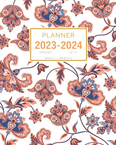 Planner August 2023-2024 July: 8x10 Weekly and Monthly Organizer Large | Ancient Indian Style Flower Design White