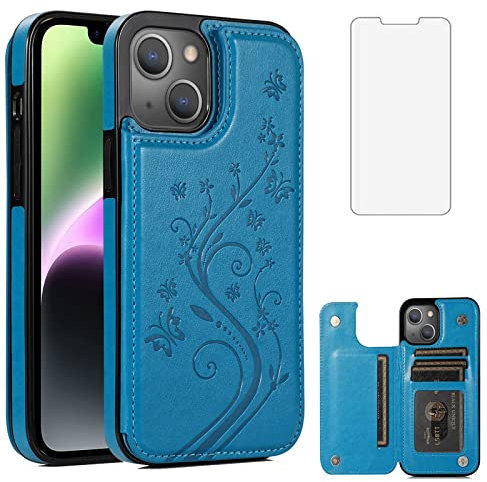 Compatible with iPhone 15 Plus 6.7 inch Case with Tempered Glass Screen Protector and Card Holder Wallet Cover Stand Flip Leather i-Phone 15+ iPhone15Plus 5G i i15 + iPhone15 15Plus Women Men Blue