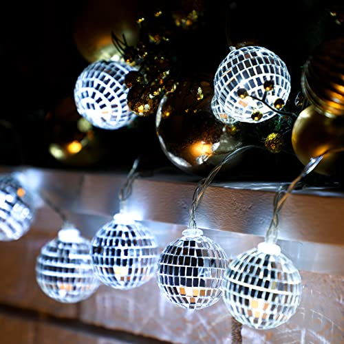 BBTO 10 Pcs LED Disco Ball String Light 2 Inch Battery Powered Mirror Ball Ornaments 70s 80s 90s Disco Party Supplies(Silver)